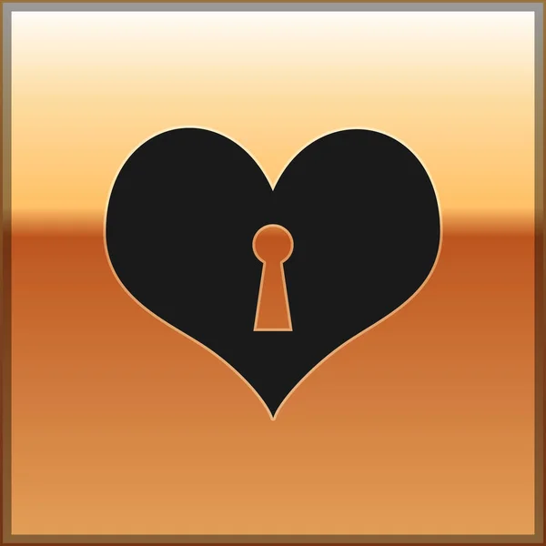 Cuore nero con icona buco della serratura isolato su sfondo oro. Cuore chiuso a chiave. Simbolo d'amore e simbolo del buco della serratura. Illustrazione vettoriale — Vettoriale Stock