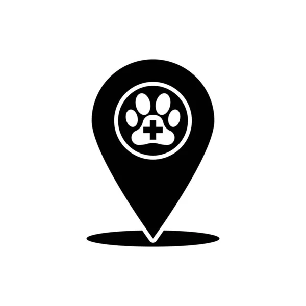 Puntero Mapa Negro con hospital de medicina veterinaria, clínica o tienda de mascotas para animales icono aislado. Veterinaria o veterinaria clínica. Ilustración vectorial — Vector de stock