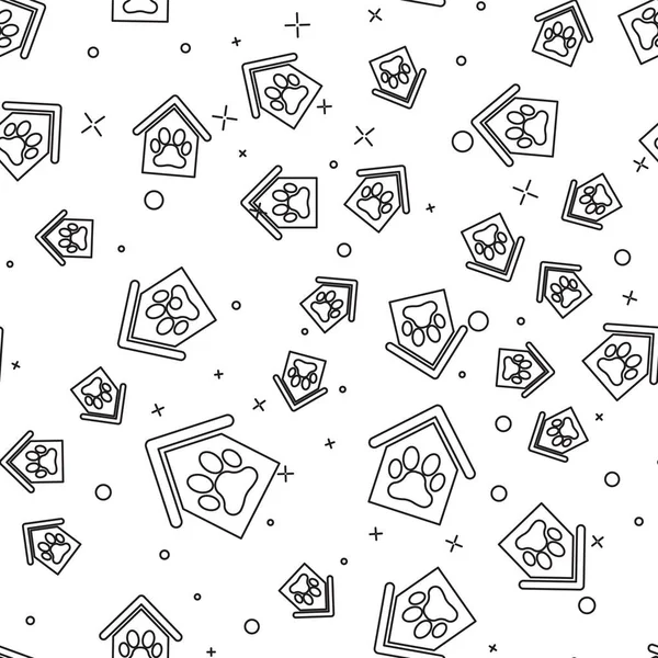 Black Dog house and paw print pet icon isolated seamless pattern on white background. Dog kennel. Vector Illustration