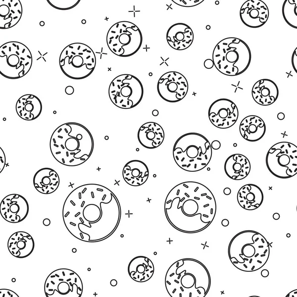 Schwarzer Donut mit süßen Glasurlinien-Symbol isoliert nahtlose Muster auf weißem Hintergrund. Vektorillustration — Stockvektor