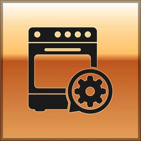 Black Oven and gear icon isolated on gold background. Adjusting app, service concept, setting options, maintenance, repair, fixing. Vector Illustration — Stock Vector