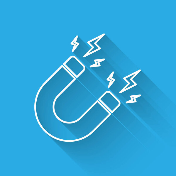 Белый магнит с иконкой молниеносной линии, изолированной длинной тенью. Подковообразный магнит, магнетизм, магнетизм, знак притяжения. Векторная миграция
