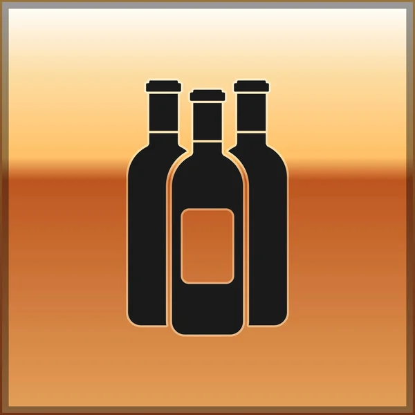 Czarne butelki wina ikony izolowane na złotym tle. Ilustracja wektorowa — Wektor stockowy