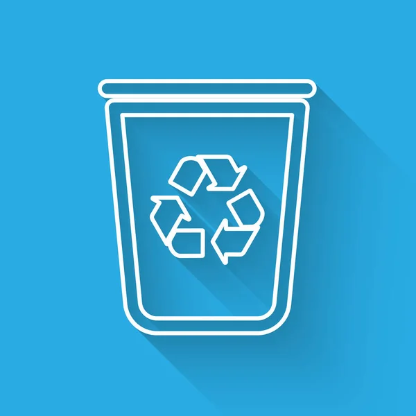 Cubo de reciclaje blanco con icono de línea de símbolo de reciclaje aislado con sombra larga. Icono de bote de basura. Cartel de basura. Reciclar signo de cesta. Ilustración vectorial — Vector de stock