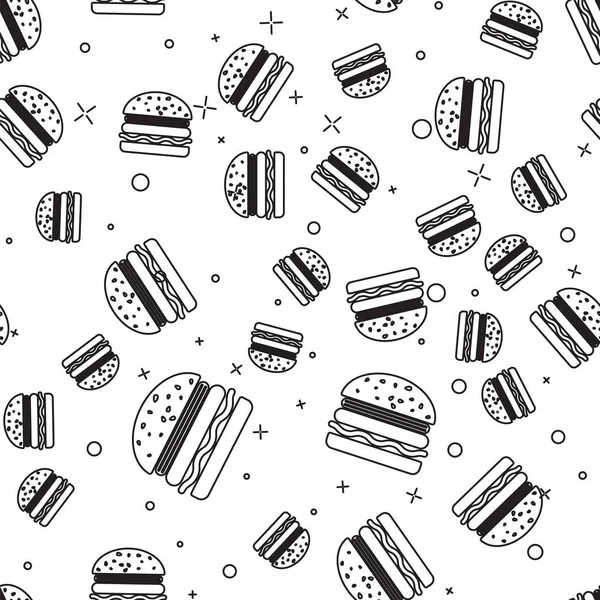 Icône de ligne Burger noir isolé motif sans couture sur fond blanc. Icône de hamburger. Cheeseburger sandwich signe. Illustration vectorielle — Image vectorielle