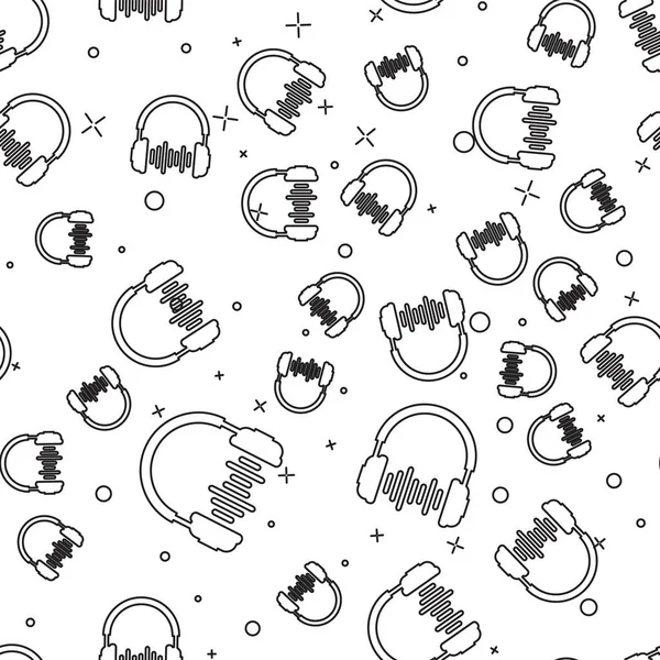 Siyah Kulaklık ve ses dalgaları simgesi beyaz arka plan üzerinde izole kesintisiz desen. Kulaklık işareti. Müzik, servis, iletişim ve operatör dinleme için kavram nesnesi. Vektör İllüstrasyonu