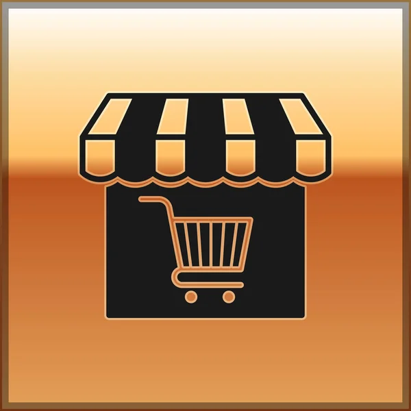 Schwarzes Einkaufsgebäude oder Marktladen mit Warenkorb-Symbol auf goldenem Hintergrund. Ladenbau. Supermarkt-Warenkorb Symbol. Vektorillustration — Stockvektor