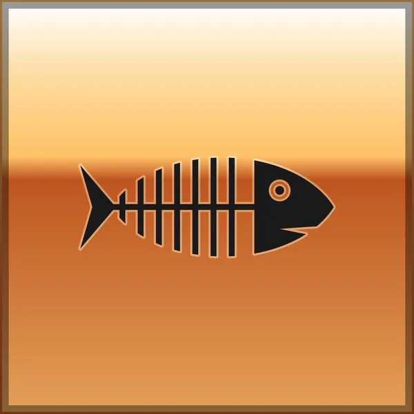 ゴールドの背景に隔離された黒い魚のスケルトンアイコン。魚の骨のサイン。ベクトルイラストレーション — ストックベクタ