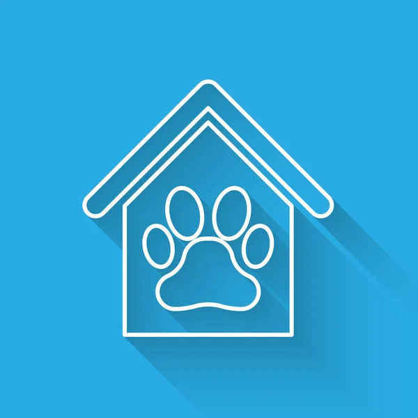 Casa del cane bianco e zampa icona linea pet stampa isolato con lunga ombra. Canile per cani. Illustrazione vettoriale — Vettoriale Stock