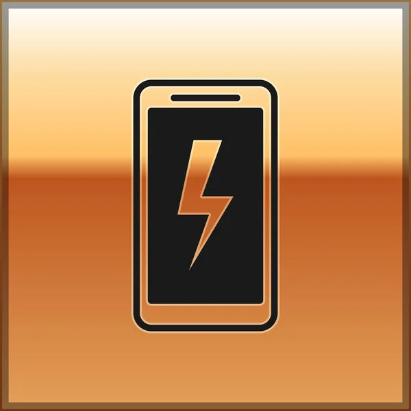 Schwarzes Smartphone-Ladesymbol isoliert auf goldenem Hintergrund. Telefon mit einer niedrigen Akkuladung. Vektorillustration — Stockvektor