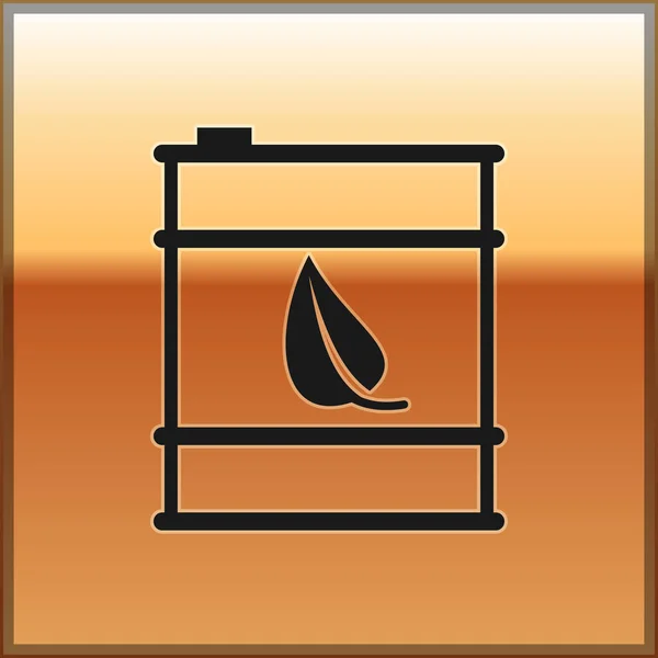 Icono de línea de barril de combustible negro Bio aislado sobre fondo dorado. Eco bio y bote. Medio ambiente verde y reciclaje. Ilustración vectorial — Vector de stock