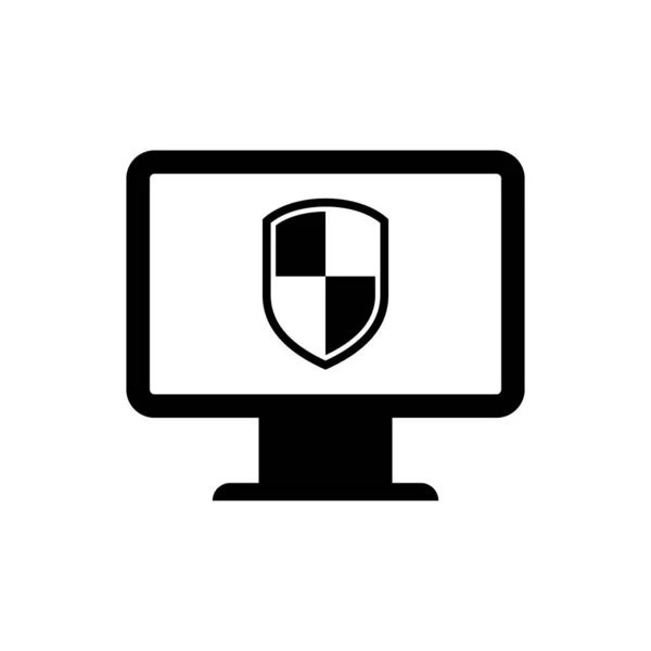 Μαύρο υπολογιστή οθόνη και ασπίδα εικονίδιο απομονώνεται σε λευκό φόντο. Ασφάλεια υπολογιστή, τεχνολογία τείχους προστασίας, ασφάλεια απορρήτου του Διαδικτύου ή antivirus. Απεικόνιση διανυσματικών φορέων — Διανυσματικό Αρχείο