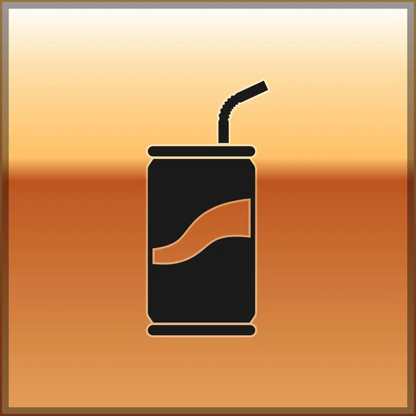 Canette de soda noire avec icône de paille à boire isolée sur fond doré. Illustration vectorielle — Image vectorielle
