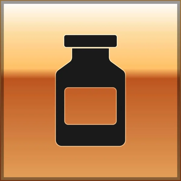 Icono de la botella de medicina negra aislado sobre fondo dorado. Signo de la píldora. Diseño de farmacia. Ilustración vectorial — Vector de stock