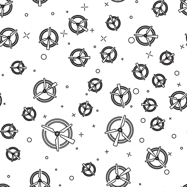 Siyah Dönen rüzgar türbini çizgi simgesi beyaz arka plan üzerinde dikişsiz desen izole. Rüzgar jeneratörü işareti. Yel değirmeni silueti. Elektrik enerjisi üretimi için yel değirmeni. Vektör İllüstrasyonu