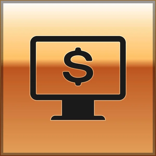 Czarny monitor komputerowy z ikoną dolara wyizolowaną na złotym tle. Koncepcja zabezpieczeń finansowych internetowych, ochrona finansów online. Ilustracja wektorowa — Wektor stockowy