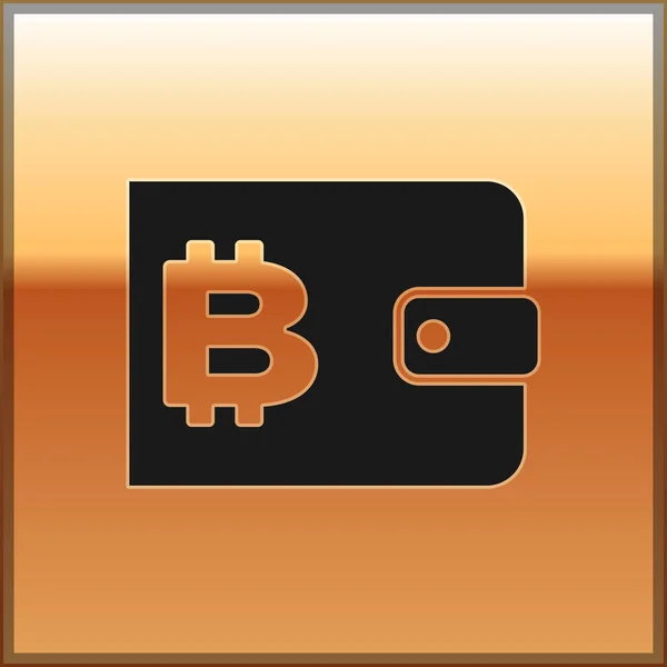 Czarna ikona portfela kryptowaluta wyizolowana na złotym tle. Portfel i znak Bitcoin. Koncepcja górnictwa. Pieniądze, płatność, gotówka, ikona płacy. Ilustracja wektorowa — Wektor stockowy