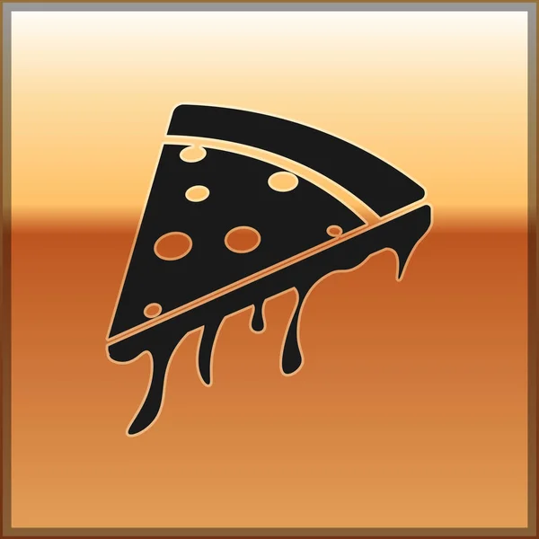 Black Slice of pizza icon isolated on gold background (en inglés). Ilustración vectorial — Archivo Imágenes Vectoriales