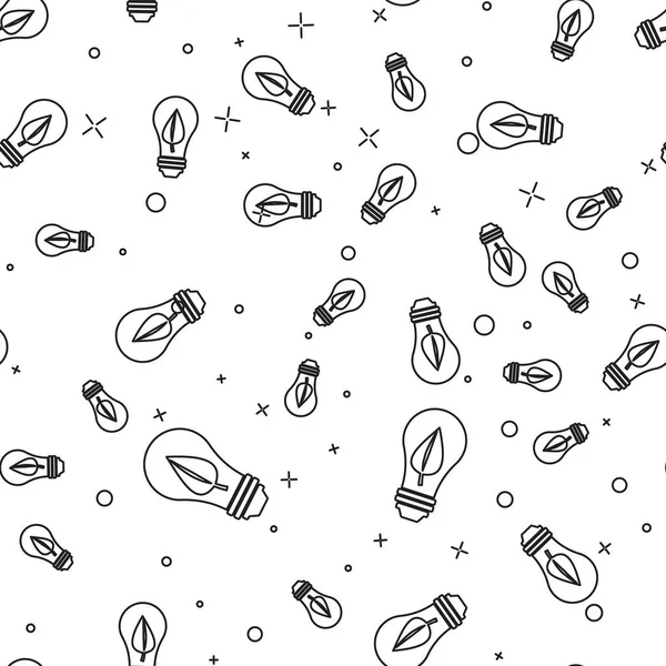 Beyaz arka plan üzerinde yaprak çizgi simgesi izole dikişsiz desen ile Siyah Ampul. Eko enerji kavramı. Alternatif enerji konsepti. Vektör İllüstrasyonu