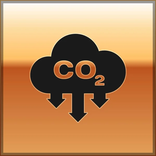 Émissions de CO2 noir dans le nuage icône isolé sur fond d'or. Symbole de formule de dioxyde de carbone, concept de pollution par le smog, concept environnemental. Illustration vectorielle — Image vectorielle