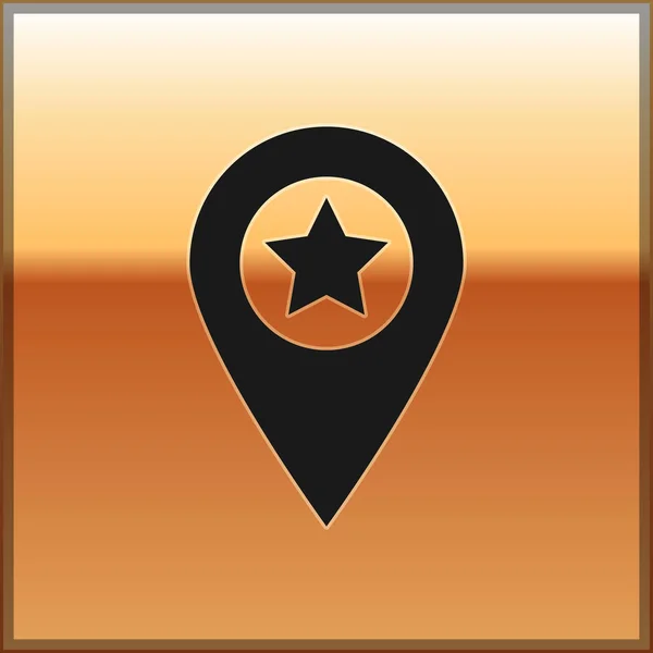 Ponteiro de mapa preto com ícone de estrela isolado em fundo dourado. ícone de mapa de pino favorito estrela. Marcadores de mapa. Ilustração vetorial — Vetor de Stock
