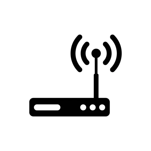 Czarny router i ikona sygnału Wi-Fi na białym tle. Bezprzewodowy router z modemem sieciowym. Technologia komputerowa Internet. Ilustracja wektorowa — Wektor stockowy