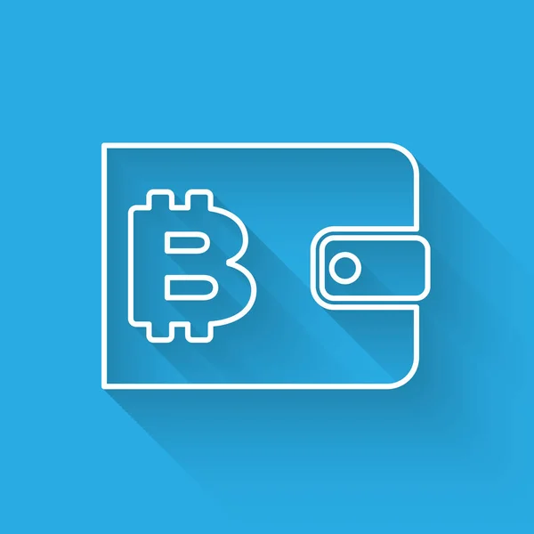 Vit kryptovaluta plånboks linje ikon isolerad med lång skugga. Plånbok och Bitcoin tecken. Gruv koncept. Pengar, betalning, kontanter, pay-ikonen. Vektor illustration — Stock vektor