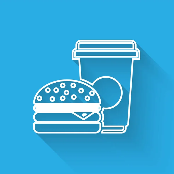 White Coffee and burger line icon isolated with long shadow. Fast food symbol. Vector Illustration — Stock Vector