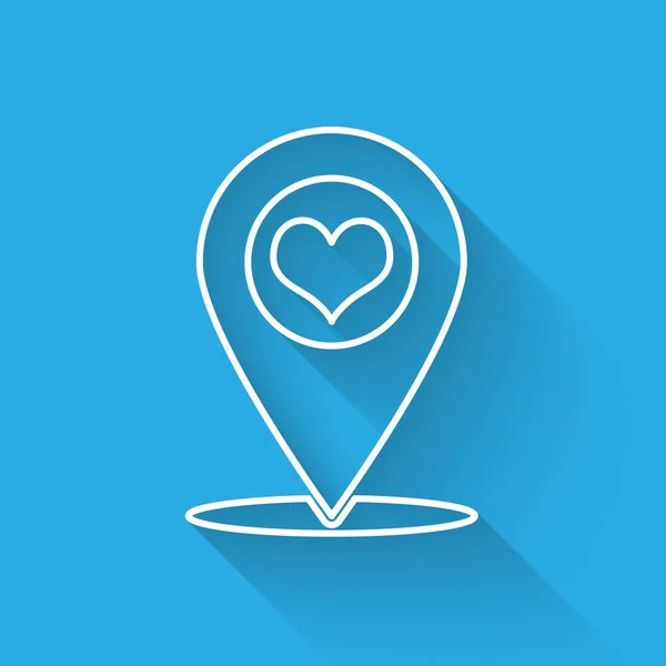 Puntatore White Map con icona del cuore isolato con lunga ombra. Illustrazione vettoriale — Vettoriale Stock