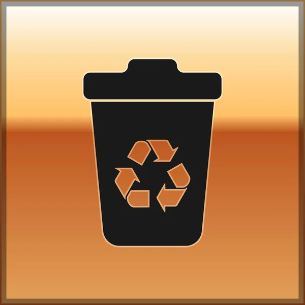 Lixeira preta com ícone de símbolo de reciclagem isolado no fundo de ouro. Ícone da lata de lixo. Sinal de lixeira. Sinal de cesta de reciclagem. Ilustração vetorial — Vetor de Stock