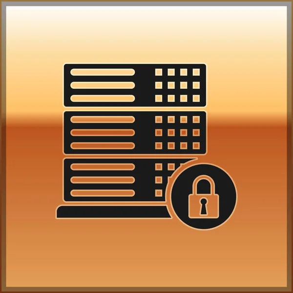 Seguridad del servidor negro con el icono de candado cerrado aislado sobre fondo dorado. Seguridad, seguridad, concepto de protección. Ilustración vectorial — Vector de stock