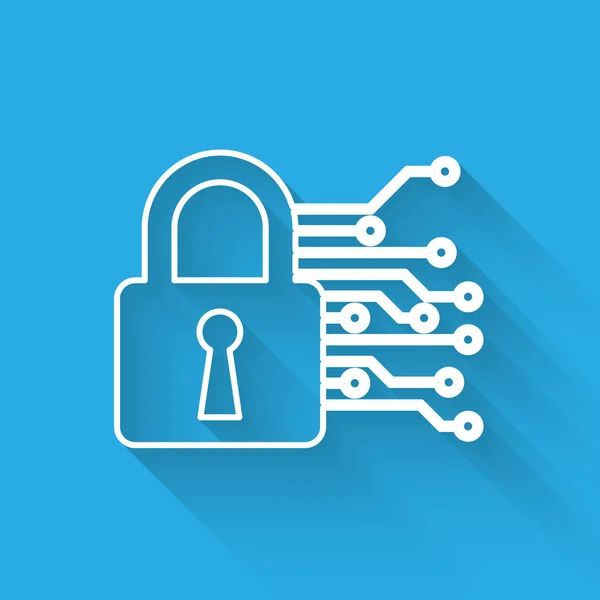 Beyaz Siber güvenlik satırı simgesi uzun gölge ile izole. Dijital devre kartında kapalı asma kilit. Güvenlik konsepti. Dijital veri koruması. Vektör İllüstrasyonu