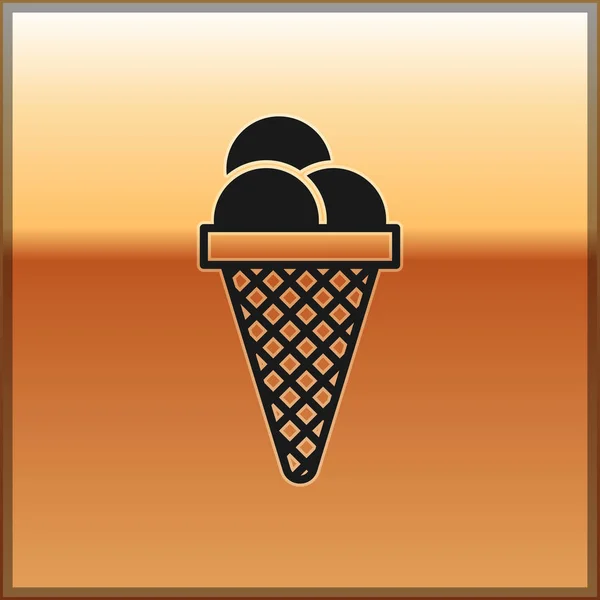 Zmrzlina z černého ledu v ikoně Vaflové kužele izolovaná na zlatém pozadí. Sladký symbol. Vektorová ilustrace — Stockový vektor