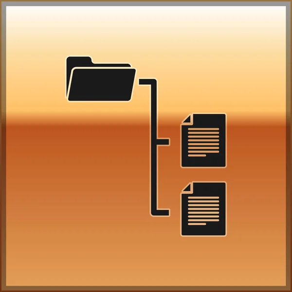 Czarna ikona folderu drzewo izolowane na złotym tle. Schemat organizacyjny struktury folderów plików w sieci komputerowej. Ilustracja wektorowa — Wektor stockowy