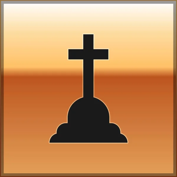 Black Tombstone with cross icon isolated on gold background. Grave icon. Vector Illustration — Stock Vector