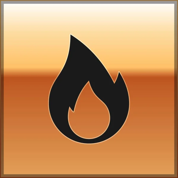 Zwart vuur vlam icoon geïsoleerd op gouden achtergrond. Hitte symbool. Vector illustratie — Stockvector