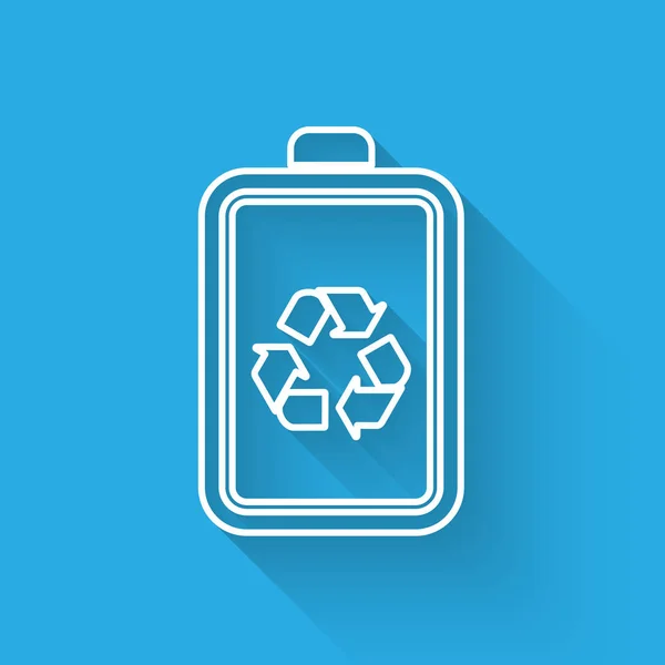 Batería blanca con icono de línea de símbolo de reciclaje aislado con sombra larga. Batería con símbolo de reciclaje - concepto de energía renovable. Ilustración vectorial — Archivo Imágenes Vectoriales
