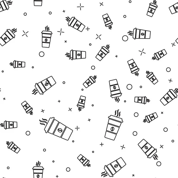 Siyah Kahve fincan simgesi beyaz arka plan üzerinde sorunsuz desen izole. Sıcak kahve ile tek kullanımlık kahve fincanı. Vektör İllüstrasyonu