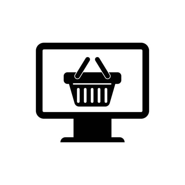 Moniteur d'ordinateur noir avec icône panier isolé sur fond blanc. Panier en ligne. Symbole de panier de supermarché. Illustration vectorielle — Image vectorielle