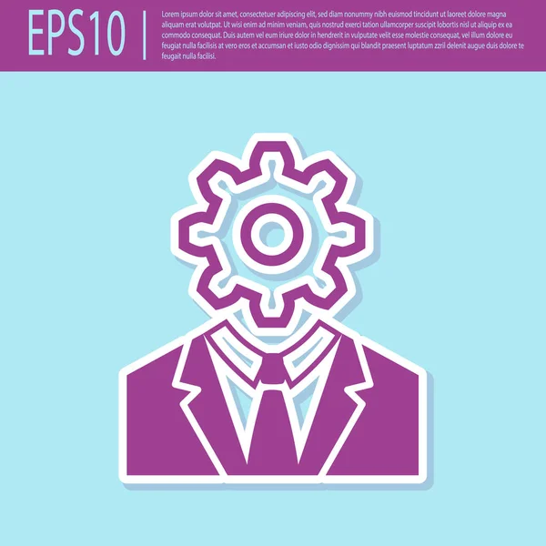 Retro mor İnsan kafası içinde dişli ile simge turkuaz arka plan üzerinde izole. Yapay zeka. Beyin işaretini düşünmek. Beynin sembol çalışması. Düz tasarım. Vektör İllüstrasyonu