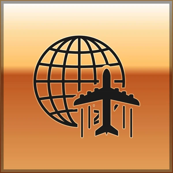 Globo Negro com ícone de avião voador isolado em fundo dourado. Avião voa ao redor do planeta Terra. Ícone mundial de aeronaves. Ilustração vetorial — Vetor de Stock