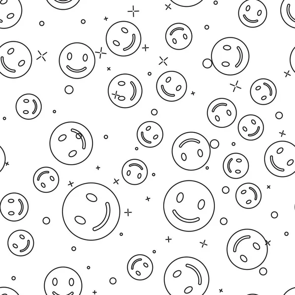 黒い笑顔の顔ラインアイコンは、白い背景にシームレスなパターンを分離しました。笑顔の絵文字。ハッピースマイリーチャットシンボル。ベクトルイラストレーション — ストックベクタ