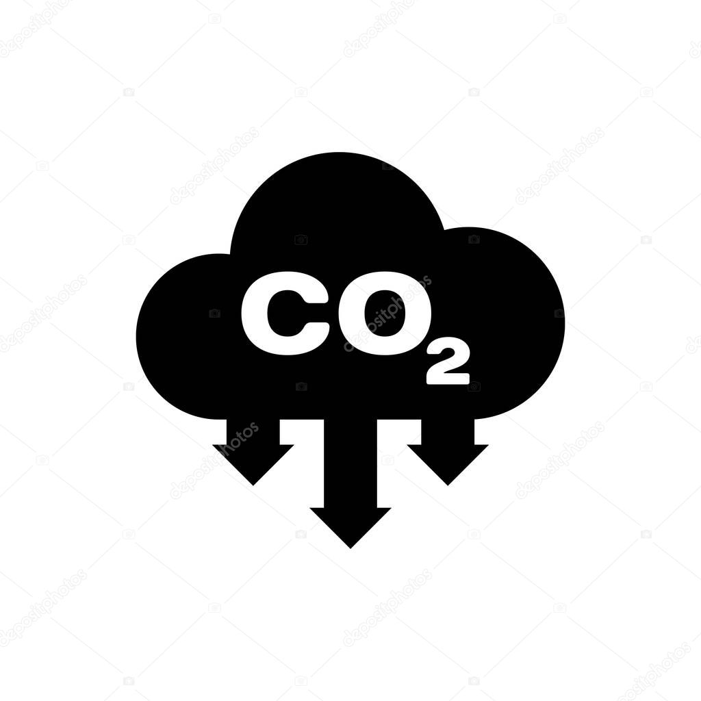 Black CO2 emissions in cloud icon isolated. Carbon dioxide formula symbol, smog pollution concept, environment concept. Vector Illustration