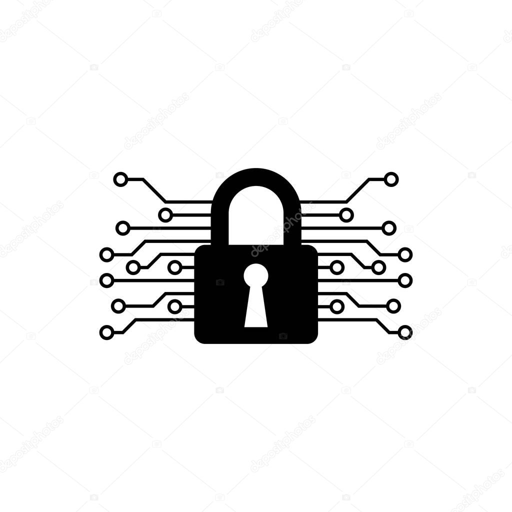 Black Cyber security icon isolated. Closed padlock on digital circuit board. Safety concept. Digital data protection. Vector Illustration