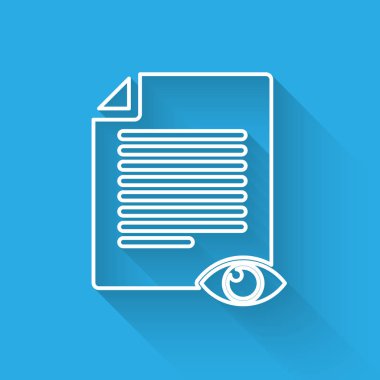 Uzun gölge ile izole göz sembolü çizgi simgesi ile Beyaz Kağıt sayfası. Bilgi dosyası işaretini açın. Vektör İllüstrasyonu