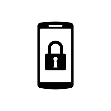 Kapalı asma kilit simgesi izole siyah Smartphone. Kilitli telefon. Mobil güvenlik, güvenlik, koruma konsepti. Vektör İllüstrasyonu