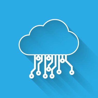 Uzun gölge ile izole şeylerin Beyaz Internet satır simgesi. Bulut bilgi işlem tasarım konsepti. Dijital ağ bağlantısı. Vektör İllüstrasyonu