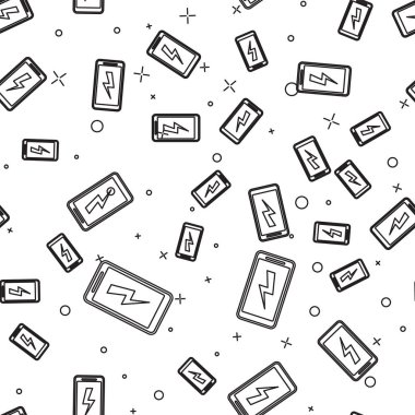 Siyah Smartphone şarj pil hattı simgesi beyaz arka plan üzerinde sorunsuz desen izole. Pil şarjı düşük olan telefon. Vektör İllüstrasyonu