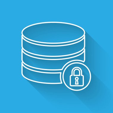 Uzun gölge ile yalıtılmış kapalı asma kilit çizgisi simgesi ile Beyaz Sunucu güvenliği. Veritabanı ve kilit. Güvenlik, güvenlik, koruma konsepti. Vektör İllüstrasyonu