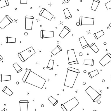 Siyah Kahve fincan simgesi beyaz arka plan üzerinde sorunsuz desen izole. Sıcak kahve ile tek kullanımlık kahve fincanı. Vektör İllüstrasyonu